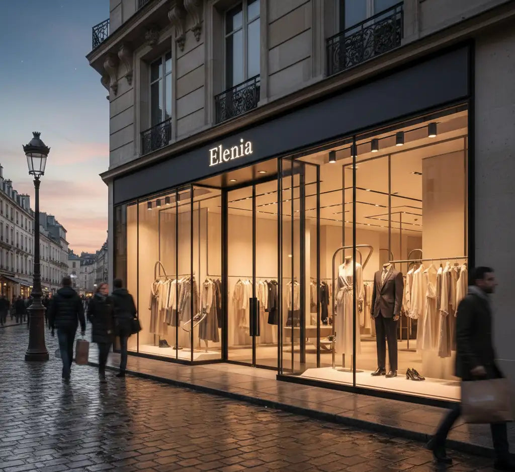 Die beleuchtete Schaufensterfront von elenia, einem schicken Boutique mit bodentiefen Glasfenstern, die elegante Kleiderständer und Schaufensterpuppen in neutral getönten Outfits präsentieren.