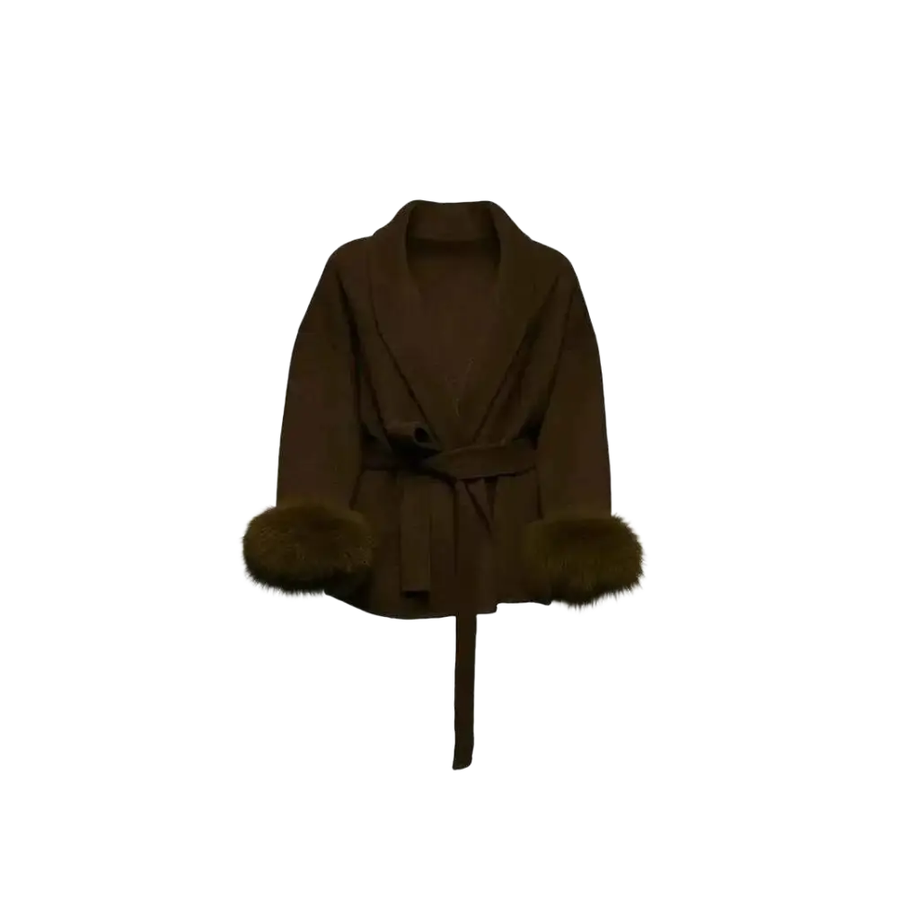 Arctic Grace Wollmantel – Eleganter Wintermantel mit Kunstfell - Brown / XS - Mantel