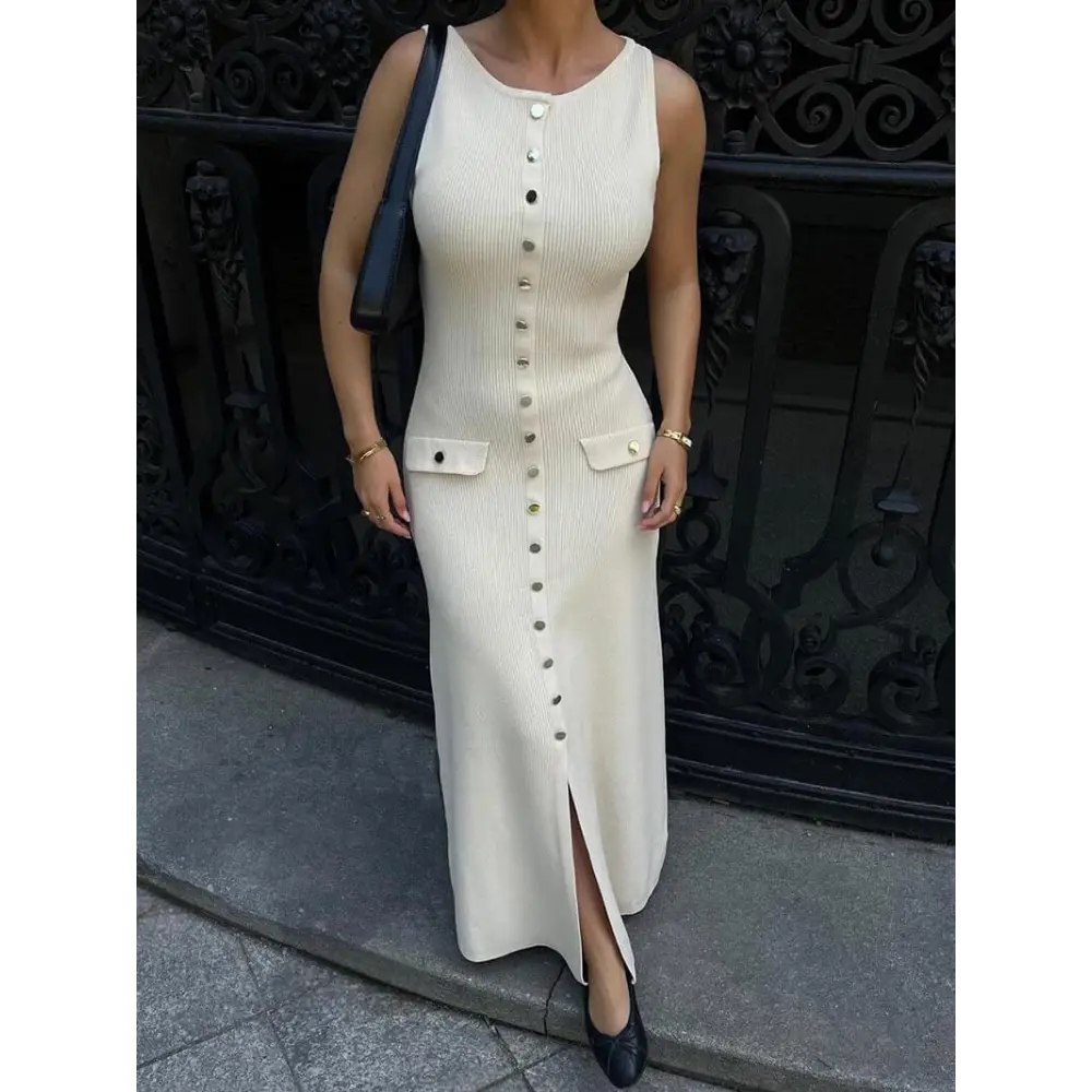 Georgia Maxikleid – Ärmelloses mit Goldknöpfen für jeden Anlass - Beige / S - Kleid