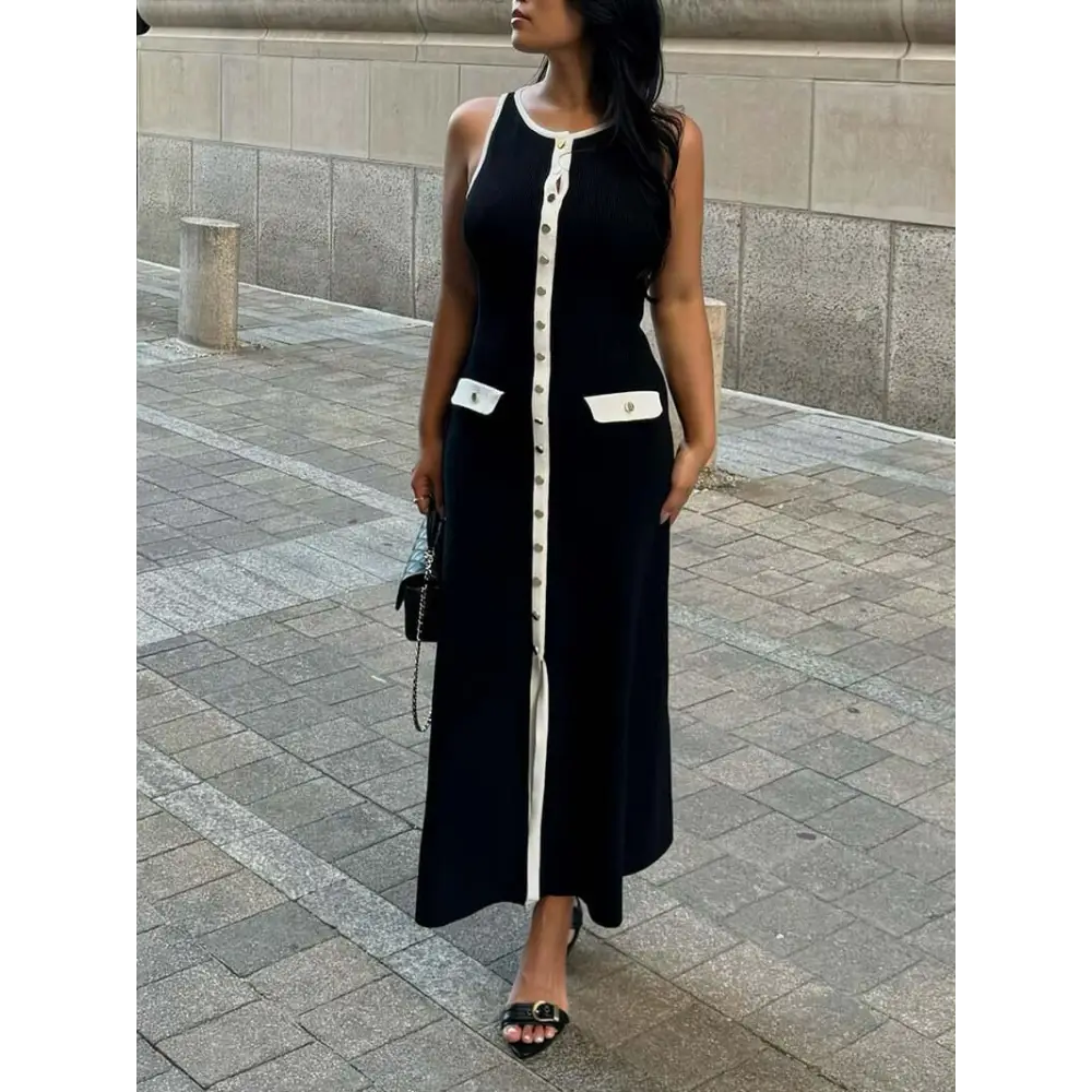 Georgia Maxikleid – Ärmelloses mit Goldknöpfen für jeden Anlass - Black / S - Kleid