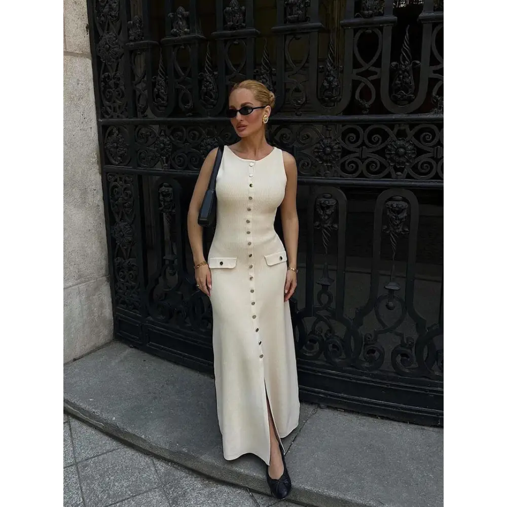 Georgia Maxikleid – Ärmelloses mit Goldknöpfen für jeden Anlass - Kleid