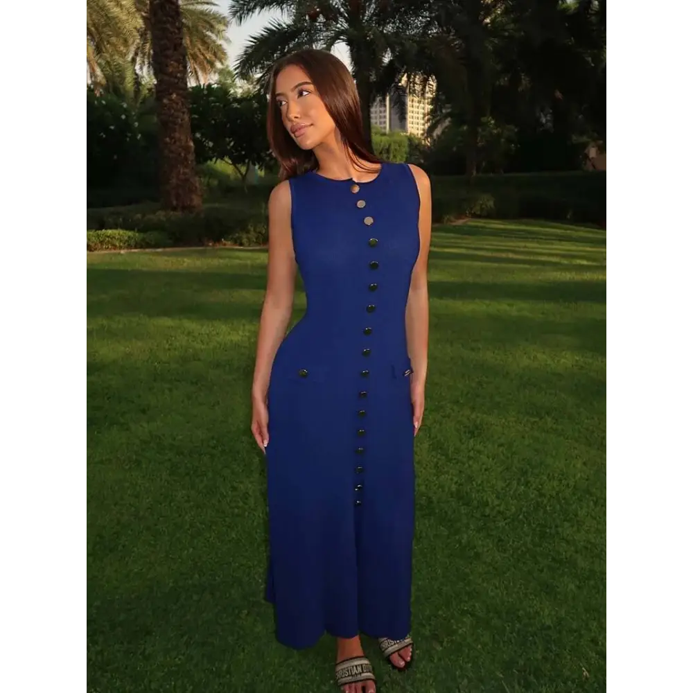 Georgia Maxikleid – Ärmelloses mit Goldknöpfen für jeden Anlass - Navy / S - Kleid